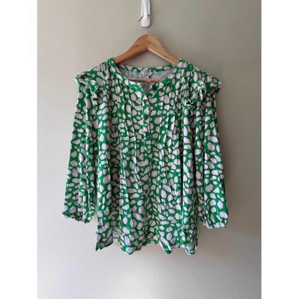 Preppy Boho Crown & Ivy Blouse XL Green Pink Abstract Ruffle Pintuck Top